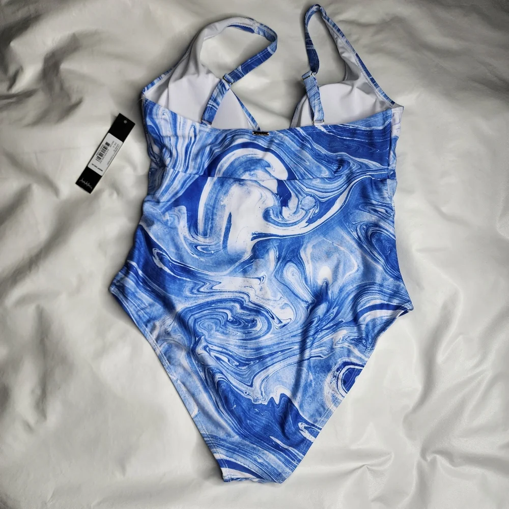 Nicole Miller Studio Swimsuit One Piece Blue White Swirl Print Size XL NWT